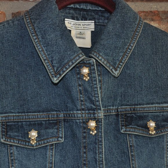 ST.JOHN SPORT by Marie Gray Denim Jean Jacket Pearl & GOLD Snap Buttons Sz- P - Picture 5 of 7